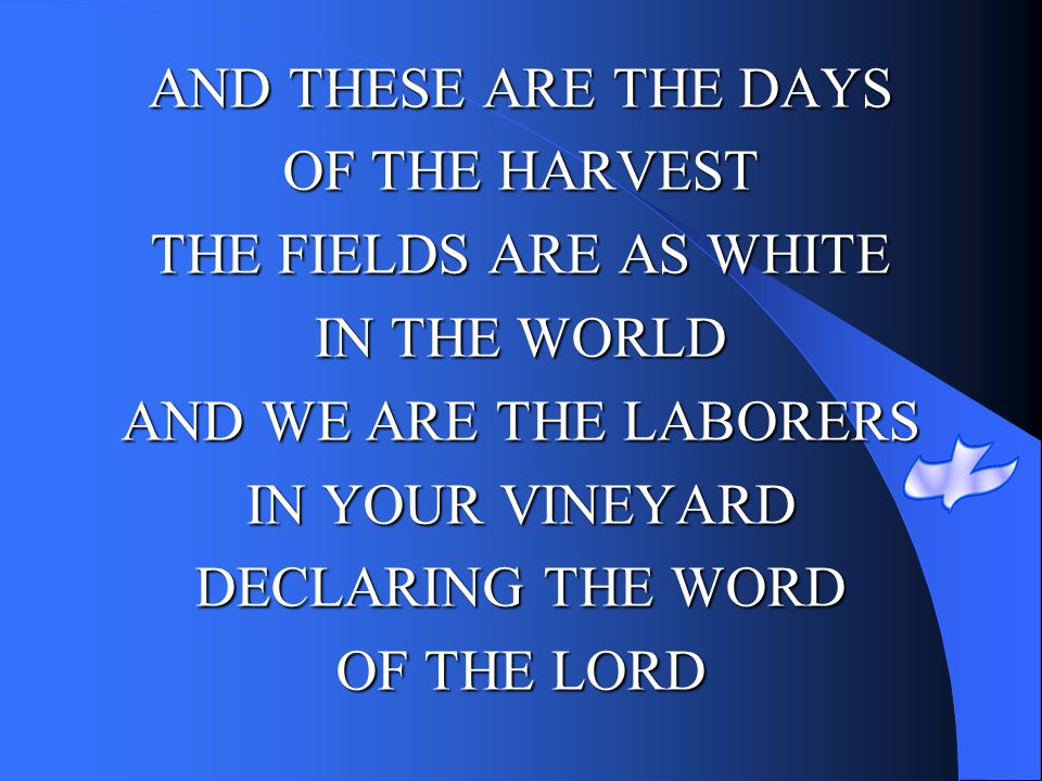 AND THESE ARE THE DAYS OF THE HARVEST. THE FIELDS ARE AS WHITE. IN THE WORLD. AND WE ARE THE LABORERS.