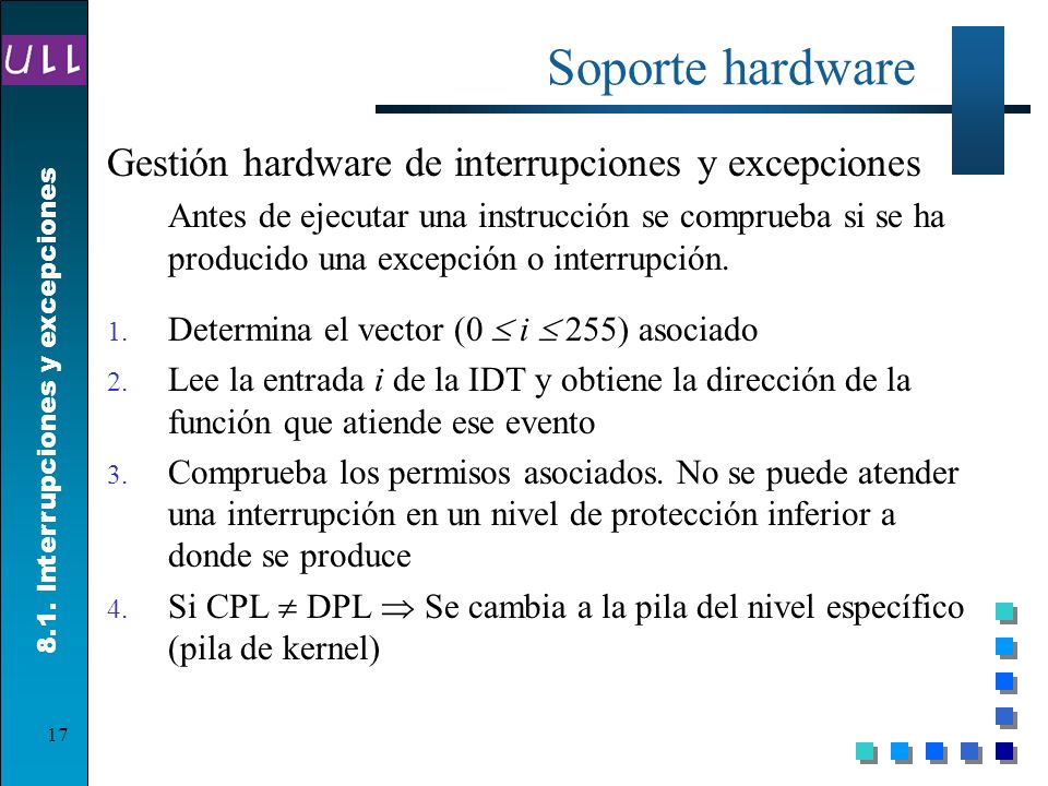 Soporte hardware Gestión hardware de interrupciones y excepciones