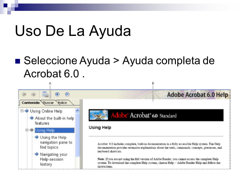 Uso De La Ayuda Seleccione Ayuda > Ayuda completa de Acrobat 6.0 .
