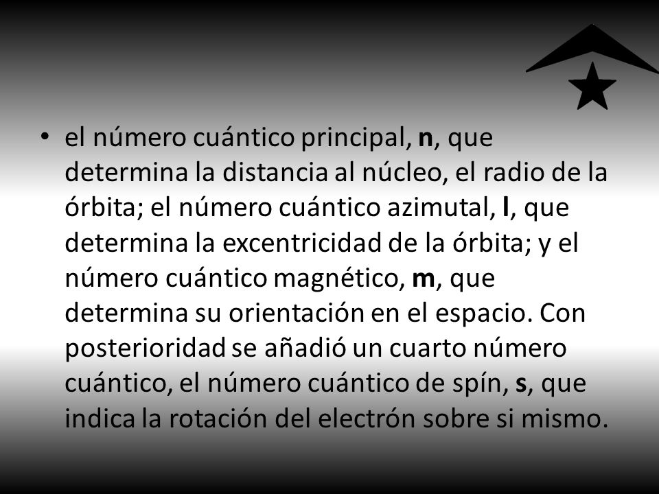 el número cuántico principal, n, que determina la distancia al núcleo, el radio de la órbita; el número cuántico azimutal, l, que determina la excentricidad de la órbita; y el número cuántico magnético, m, que determina su orientación en el espacio.