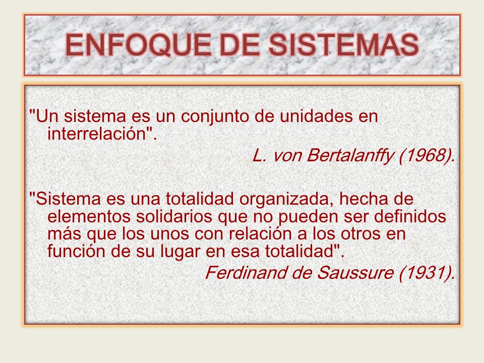 ENFOQUE DE SISTEMAS Un sistema es un conjunto de unidades en interrelación . L. von Bertalanffy (1968).
