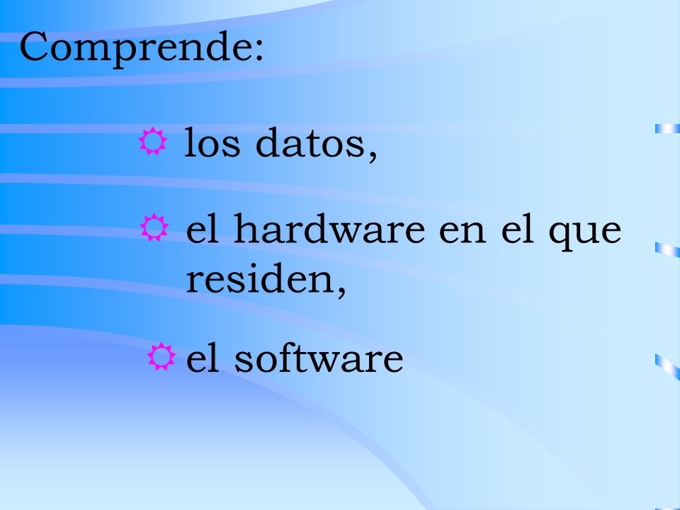 Comprende: los datos, el hardware en el que residen, el software