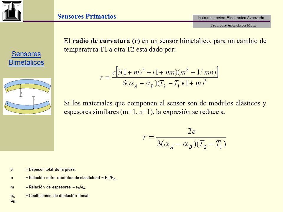 El radio de curvatura (r) en un sensor bimetalico, para un cambio de temperatura T1 a otra T2 esta dado por: