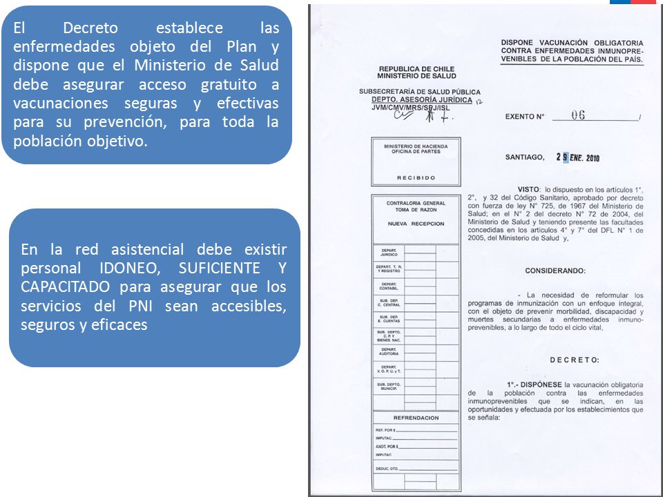 El Decreto establece las enfermedades objeto del Plan y dispone que el Ministerio de Salud debe asegurar acceso gratuito a vacunaciones seguras y efectivas para su prevención, para toda la población objetivo.