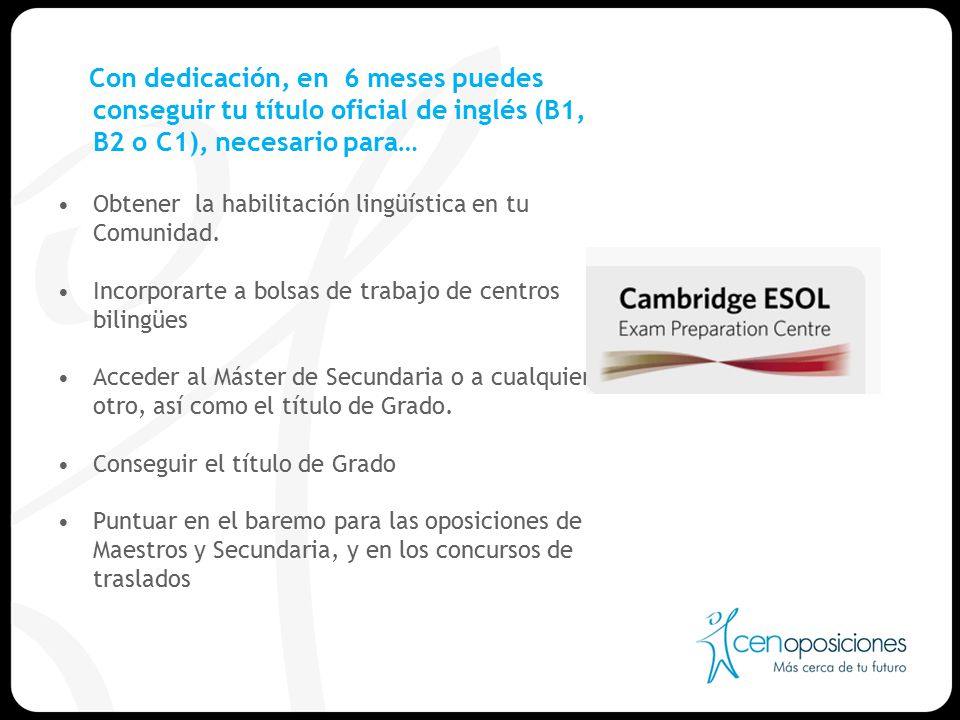 Con dedicación, en 6 meses puedes conseguir tu título oficial de inglés (B1, B2 o C1), necesario para…