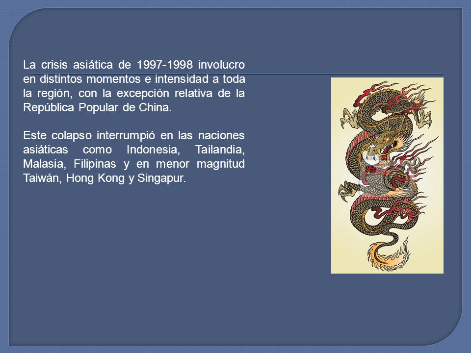 La crisis asiática de involucro en distintos momentos e intensidad a toda la región, con la excepción relativa de la República Popular de China.