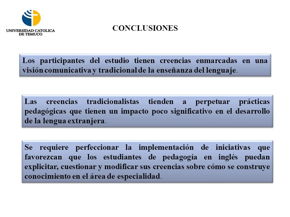 CONCLUSIONES Los participantes del estudio tienen creencias enmarcadas en una visión comunicativa y tradicional de la enseñanza del lenguaje.