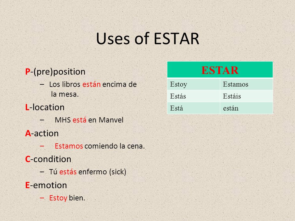 Uses of ESTAR ESTAR P-(pre)position L-location A-action C-condition