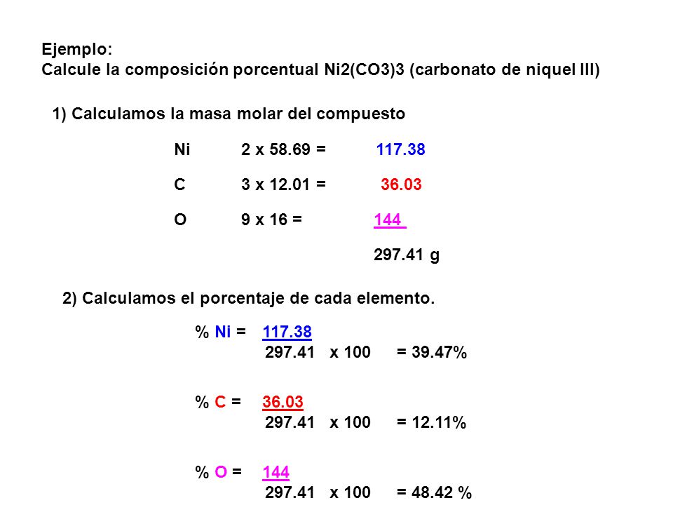 Ejemplo: Calcule la composición porcentual Ni2(CO3)3 (carbonato de niquel III)