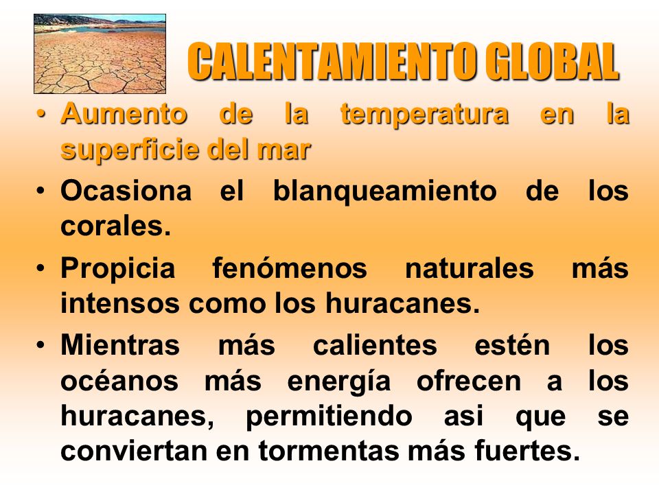 CALENTAMIENTO GLOBAL Aumento de la temperatura en la superficie del mar. Ocasiona el blanqueamiento de los corales.