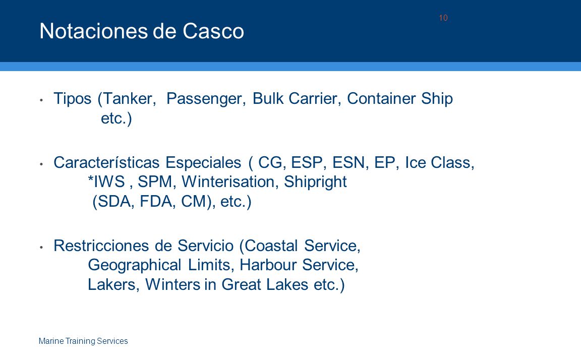 Notaciones de Casco Tipos (Tanker, Passenger, Bulk Carrier, Container Ship etc.)
