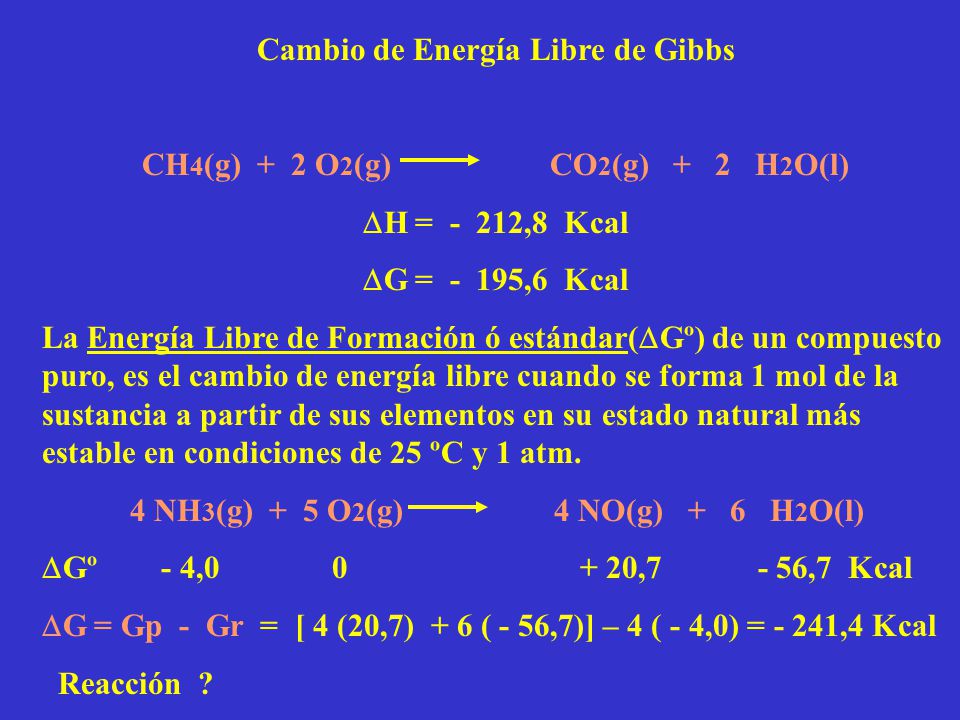 Cambio de Energía Libre de Gibbs CH4(g) + 2 O2(g) CO2(g) + 2 H2O(l)