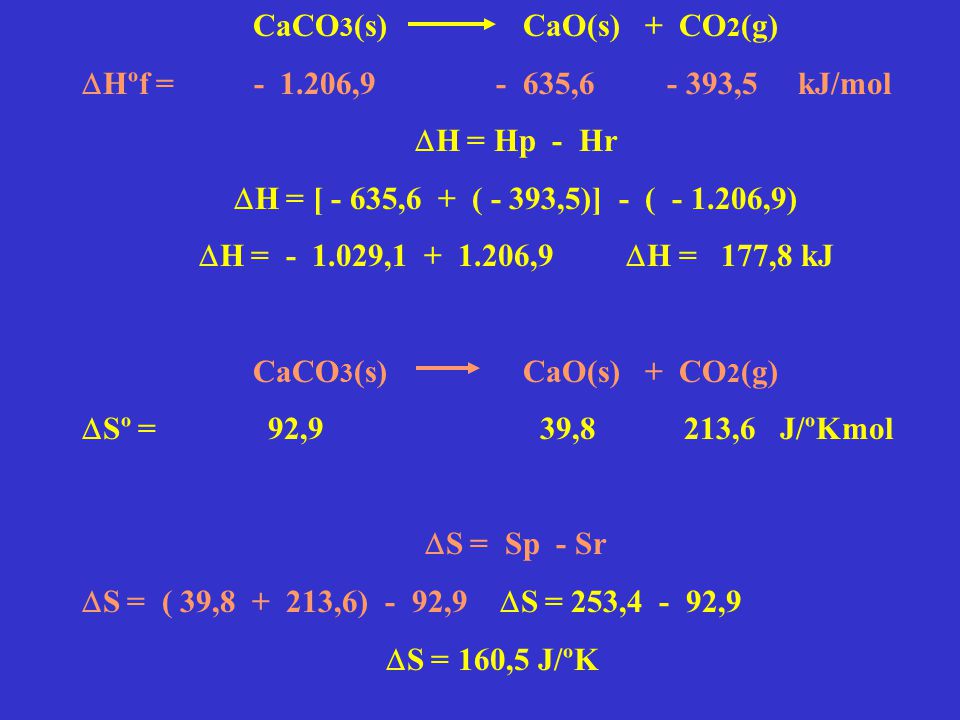 CaCO3(s) CaO(s) + CO2(g) Hºf = , , ,5 kJ/mol.