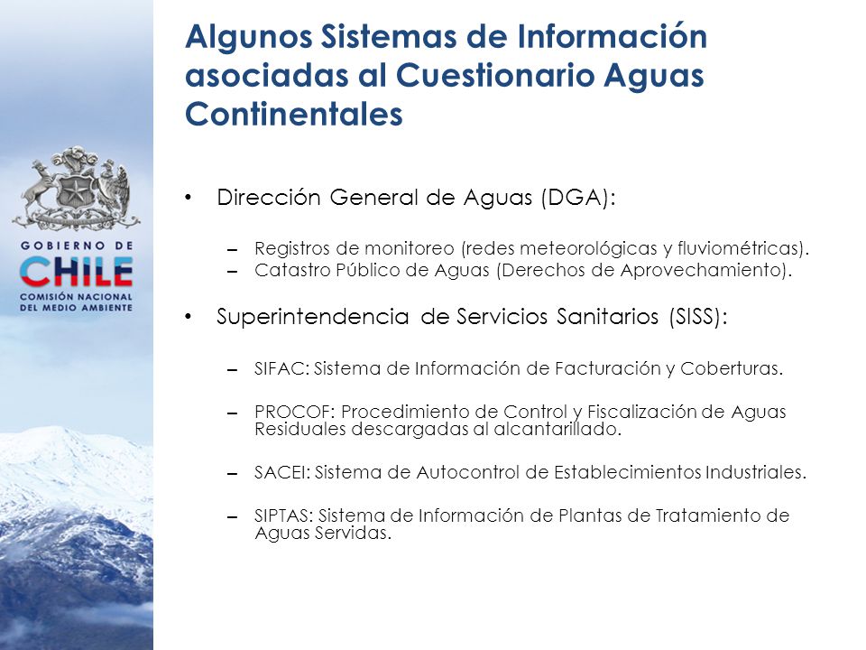 Algunos Sistemas de Información asociadas al Cuestionario Aguas Continentales