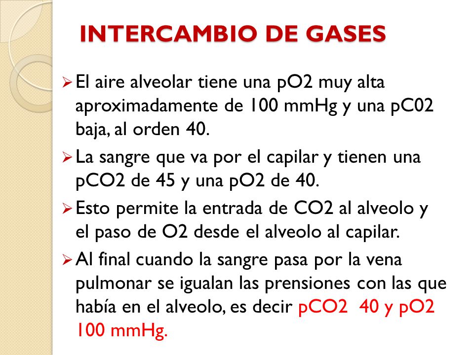 INTERCAMBIO DE GASES El aire alveolar tiene una pO2 muy alta aproximadamente de 100 mmHg y una pC02 baja, al orden 40.