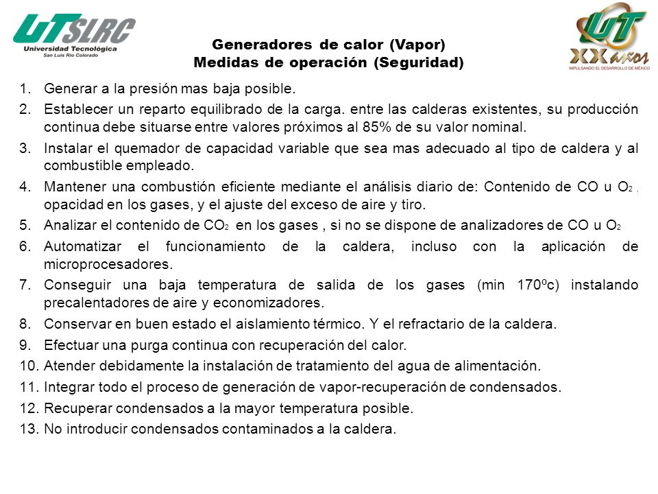 Generadores de calor (Vapor) Medidas de operación (Seguridad)