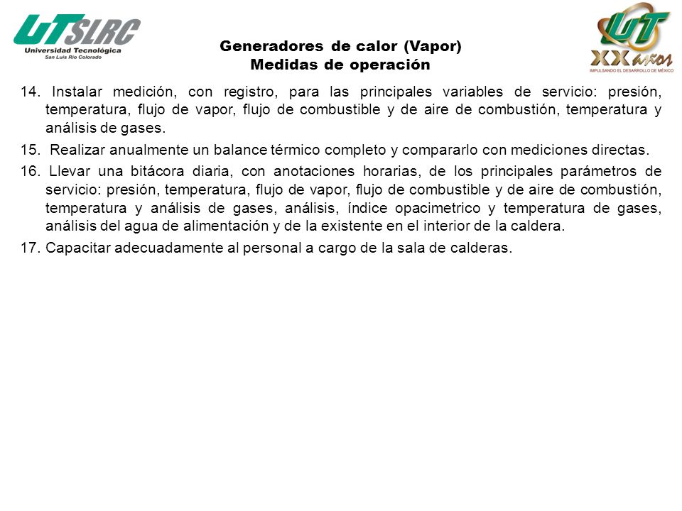 Generadores de calor (Vapor) Medidas de operación
