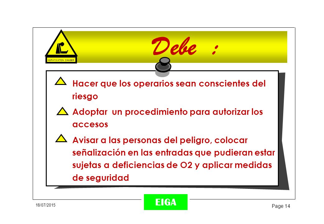 Debe : Hacer que los operarios sean conscientes del riesgo