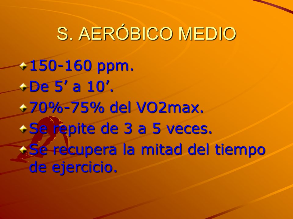 S. AERÓBICO MEDIO ppm. De 5’ a 10’. 70%-75% del VO2max.