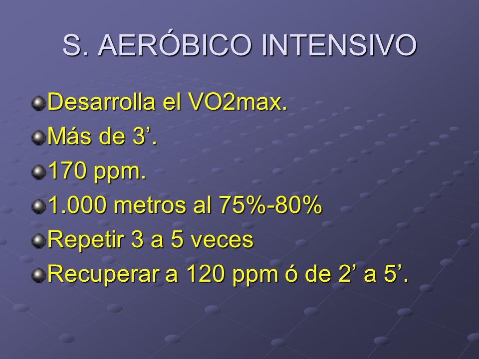 S. AERÓBICO INTENSIVO Desarrolla el VO2max. Más de 3’. 170 ppm.