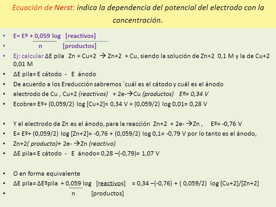 Ecuación de Nerst: indica la dependencia del potencial del electrodo con la concentración.