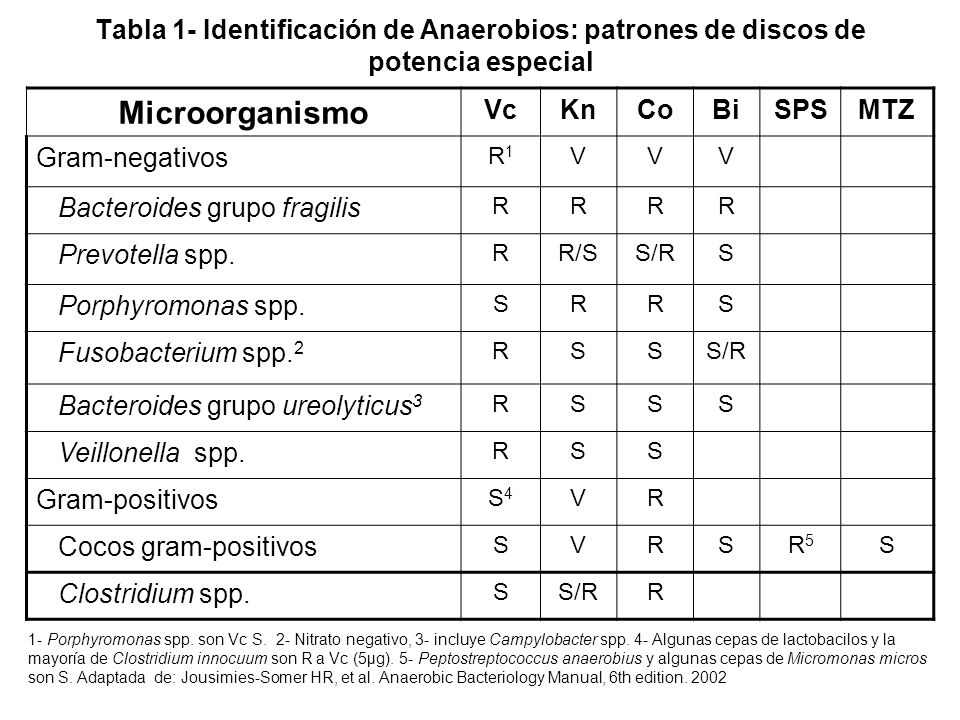 Tabla 1- Identificación de Anaerobios: patrones de discos de potencia especial