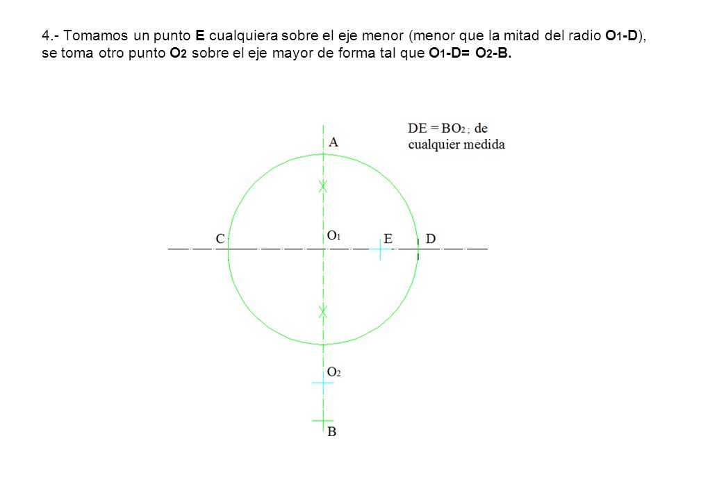4.- Tomamos un punto E cualquiera sobre el eje menor (menor que la mitad del radio O1-D), se toma otro punto O2 sobre el eje mayor de forma tal que O1-D= O2-B.