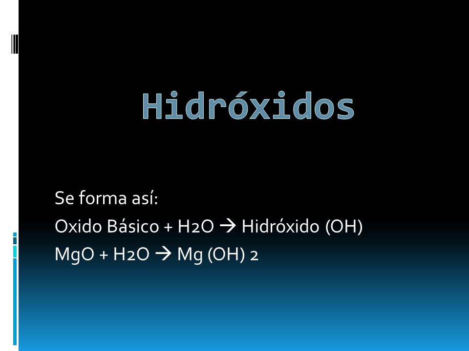 Hidróxidos Se forma así: Oxido Básico + H2O  Hidróxido (OH) MgO + H2O  Mg (OH) 2