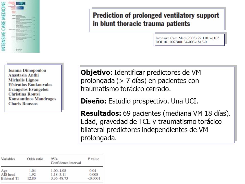 Objetivo: Identificar predictores de VM prolongada (> 7 días) en pacientes con traumatismo torácico cerrado.