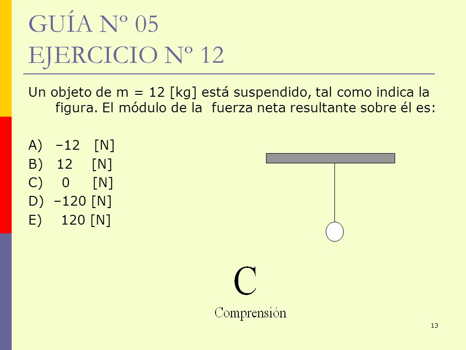 GUÍA Nº 05 EJERCICIO Nº 12 Un objeto de m = 12 [kg] está suspendido, tal como indica la figura. El módulo de la fuerza neta resultante sobre él es: