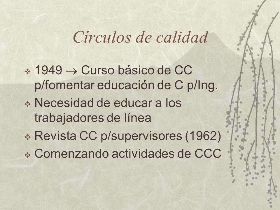 Círculos de calidad 1949  Curso básico de CC p/fomentar educación de C p/Ing. Necesidad de educar a los trabajadores de línea.
