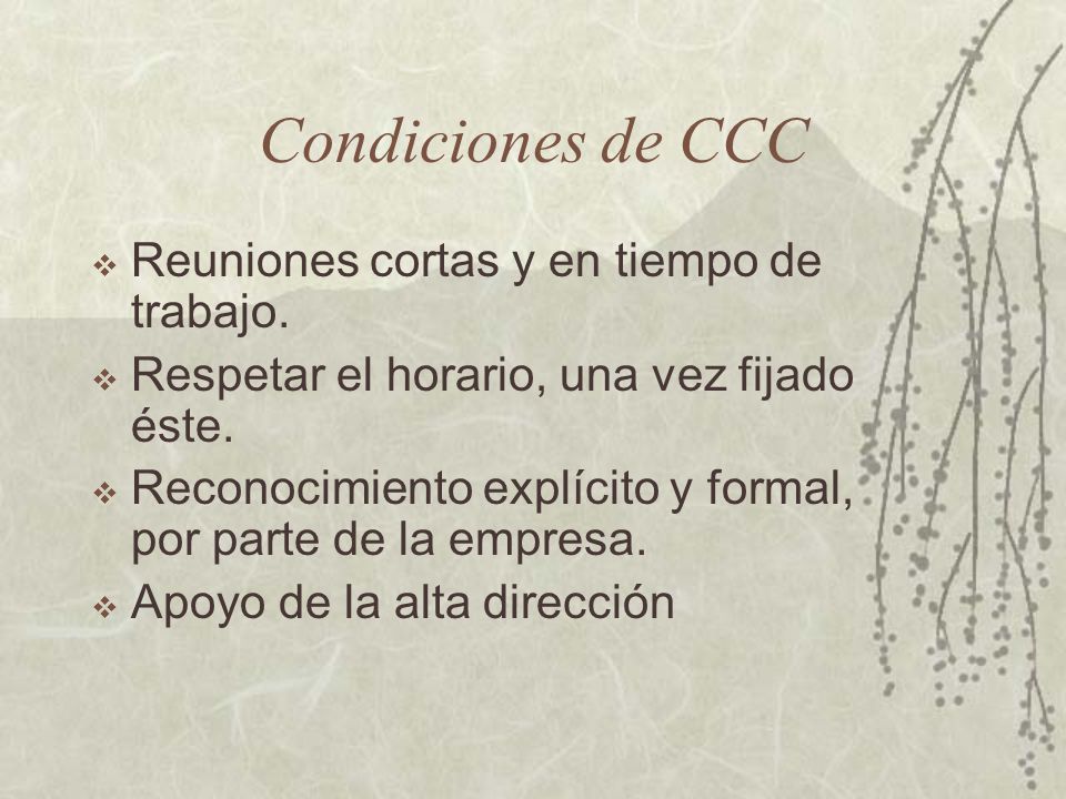 Condiciones de CCC Reuniones cortas y en tiempo de trabajo.