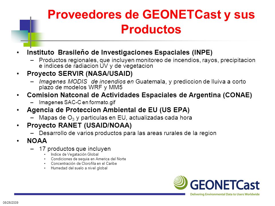 Proveedores de GEONETCast y sus Productos