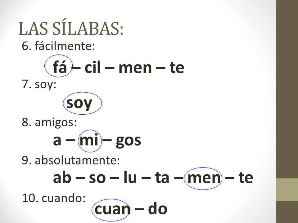 LAS SÍLABAS: fá – cil – men – te soy a – mi – gos