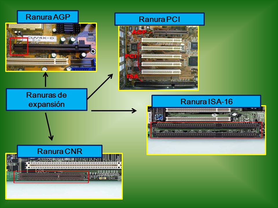 Ranura AGP Ranura PCI Ranuras de expansión Ranura ISA-16 Ranura CNR