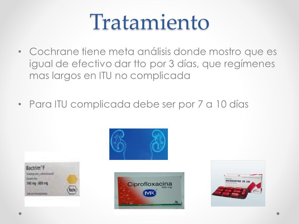 Tratamiento Cochrane tiene meta análisis donde mostro que es igual de efectivo dar tto por 3 días, que regímenes mas largos en ITU no complicada.