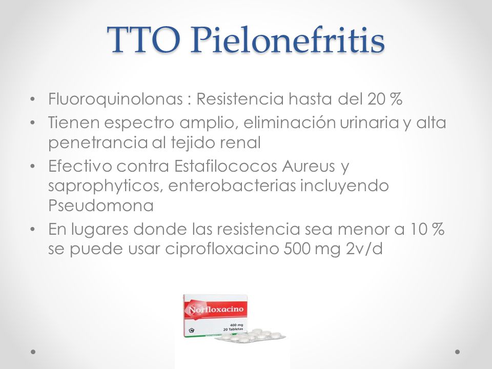 TTO Pielonefritis Fluoroquinolonas : Resistencia hasta del 20 %