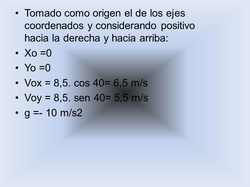 Tomado como origen el de los ejes coordenados y considerando positivo hacia la derecha y hacia arriba: