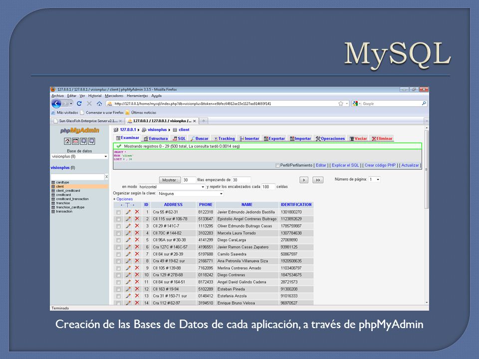 MySQL Creación de las Bases de Datos de cada aplicación, a través de phpMyAdmin