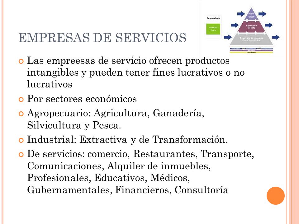 EMPRESAS DE SERVICIOS Las empreesas de servicio ofrecen productos intangibles y pueden tener fines lucrativos o no lucrativos.