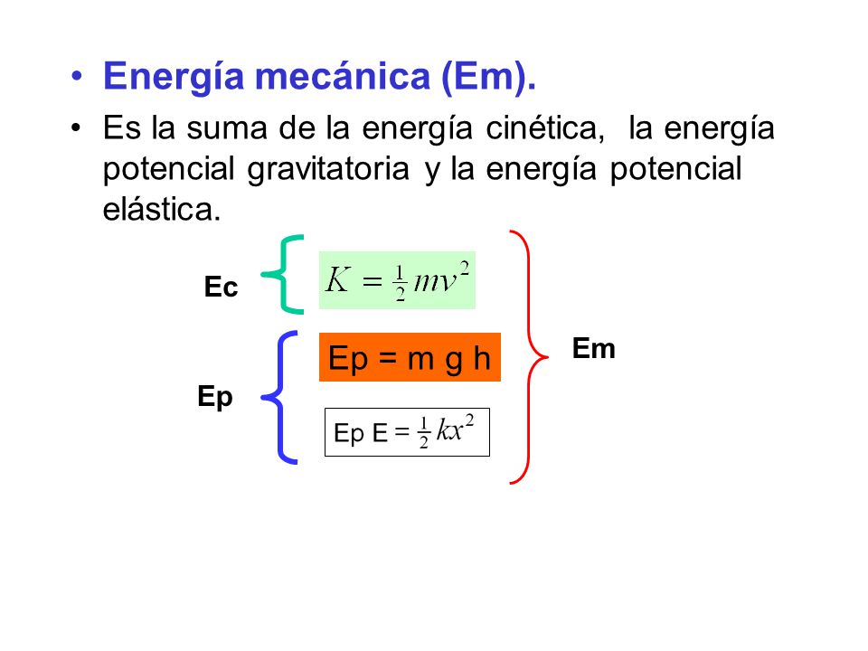 Energía mecánica (Em). Es la suma de la energía cinética, la energía potencial gravitatoria y la energía potencial elástica.