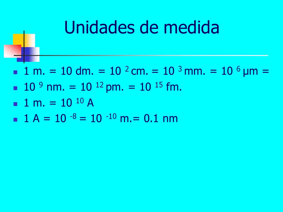 Unidades de medida 1 m. = 10 dm. = 10 2 cm. = 10 3 mm. = 10 6 µm =