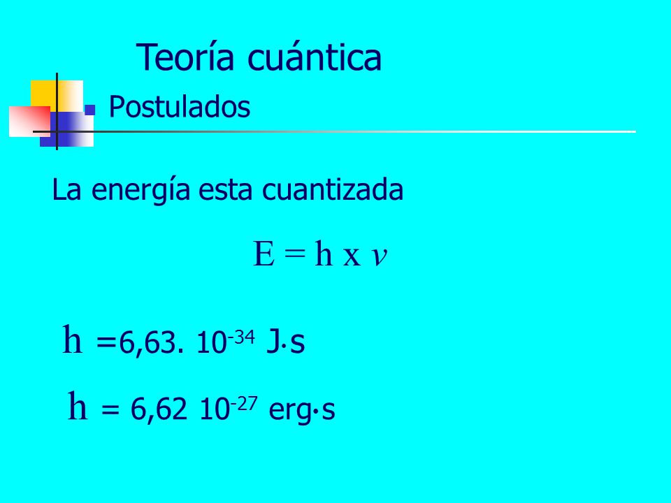 h =6, J● s h = 6, erg● s Teoría cuántica E = h x v
