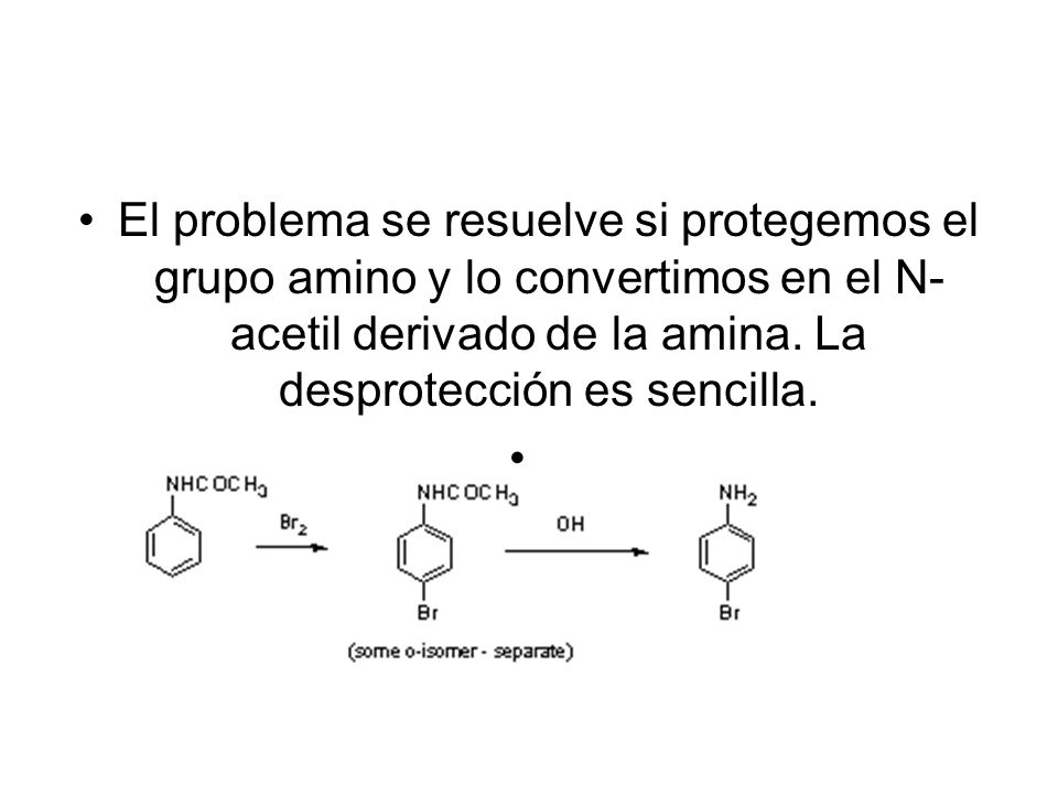 El problema se resuelve si protegemos el grupo amino y lo convertimos en el N-acetil derivado de la amina.