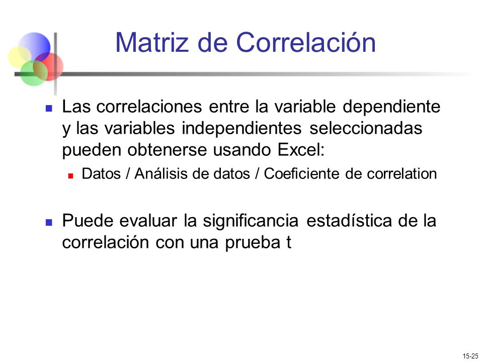 Matriz de Correlación Las correlaciones entre la variable dependiente y las variables independientes seleccionadas pueden obtenerse usando Excel: