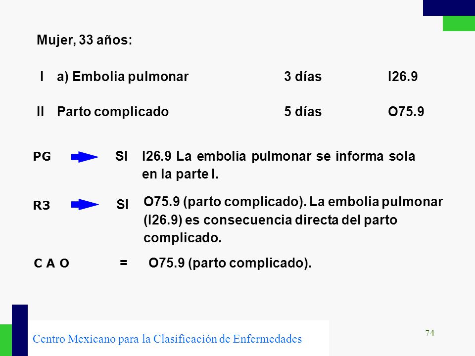 I a) Embolia pulmonar 3 días I26.9 II Parto complicado 5 días O75.9