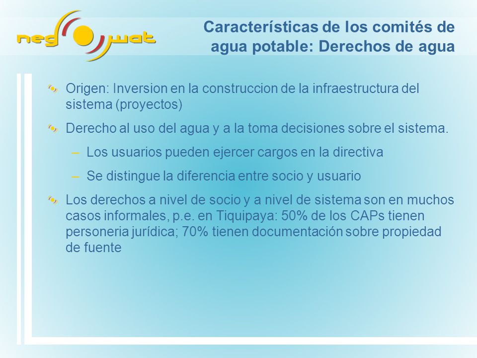 Características de los comités de agua potable: Derechos de agua