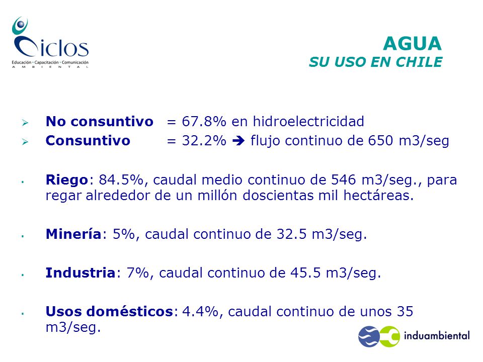 AGUA SU USO EN CHILE No consuntivo = 67.8% en hidroelectricidad