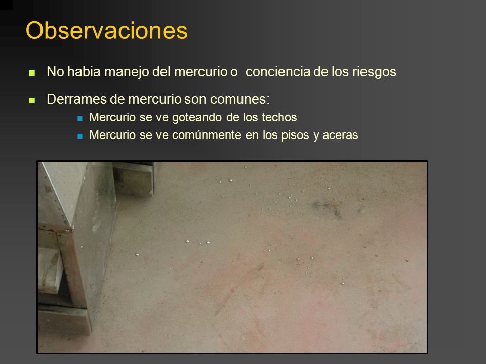 Observaciones No habia manejo del mercurio o conciencia de los riesgos