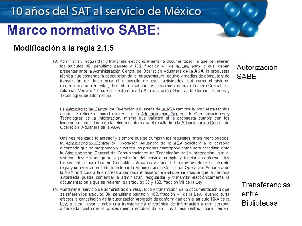 Marco normativo SABE: Modificación a la regla Autorización SABE